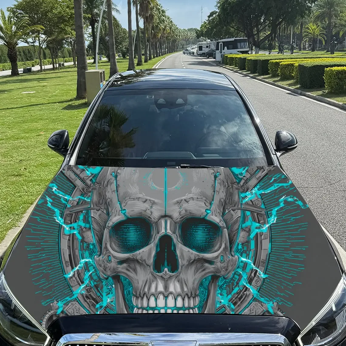 Romantic in a Tech - Mystical Way Skull PVC Car Engine Hood Vinyl Wraps, Self-Adhesive Waterproof Car Hood Decal Sticker, Car De