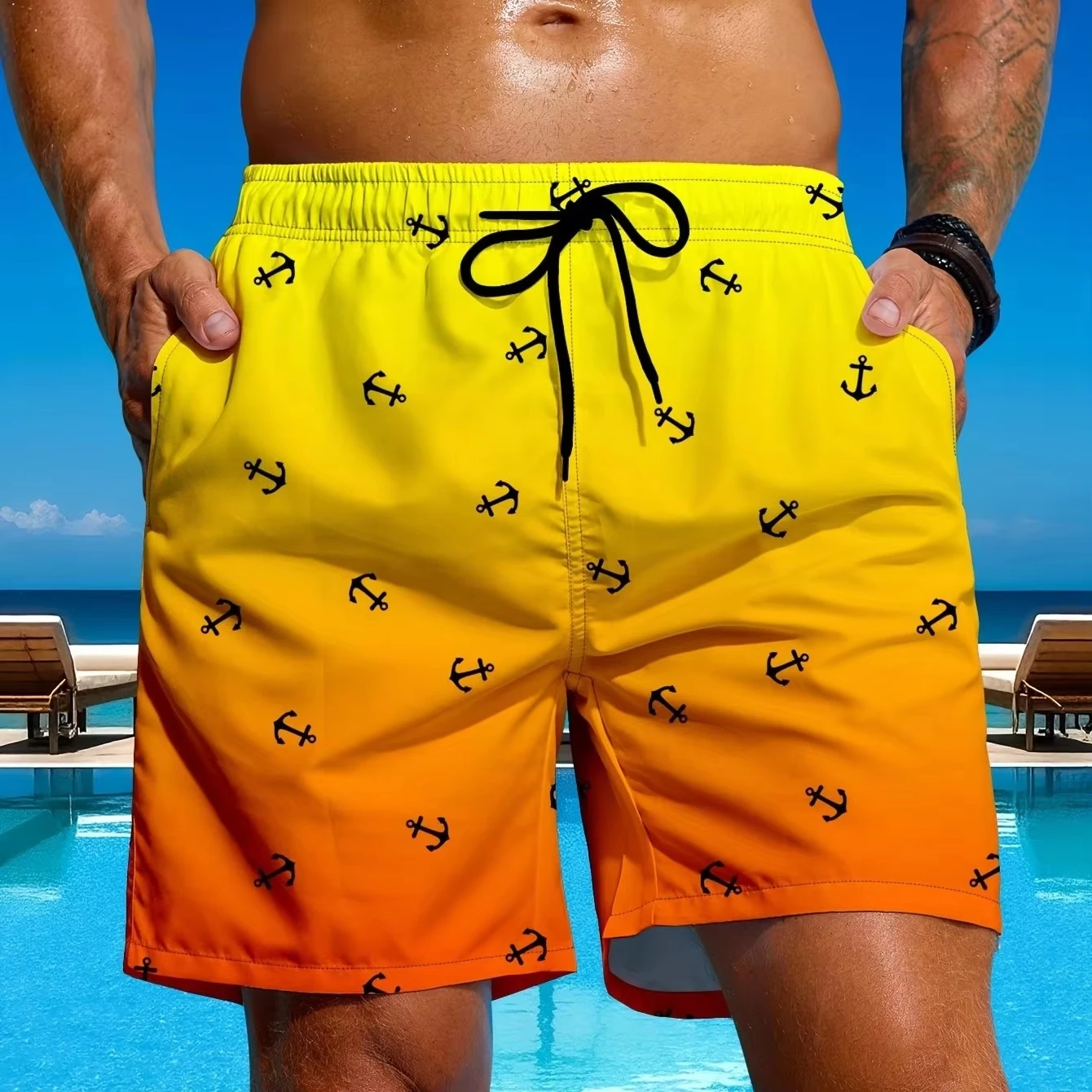 

Men's Stylish Anchor Print Swimwear - Vibrant Summer Beach Vacation Wear, Quick Dry Swim Trunks with Drawstring Shorts