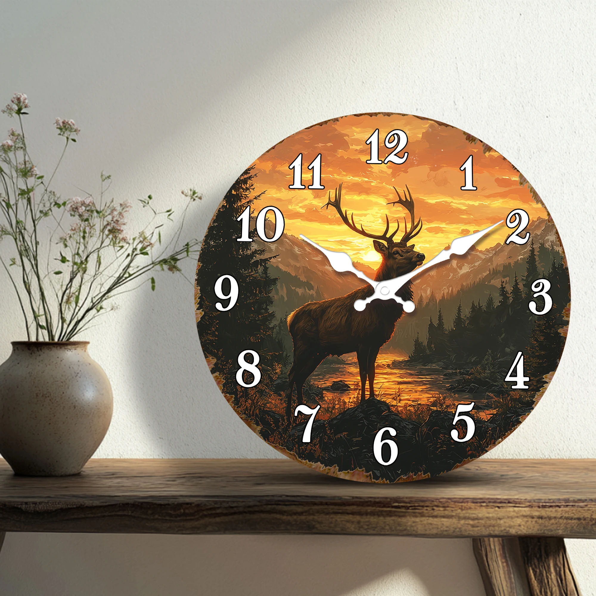 Majestic Deer at Sunset Wall Clock, Nature Landscape Theme Decorative Timepiece, Scenic Mountain and Forest Design Hang Clock, S
