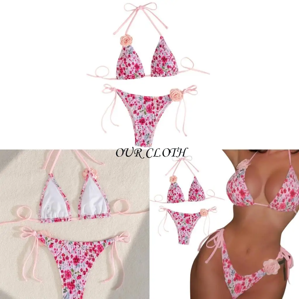 Womens 2Pcs Halterneck Swimsuits Set Strappy Swimsuits High Cut Bra Panties Set Swimwear Low Waist Lacing Swimming Suit Y1AC