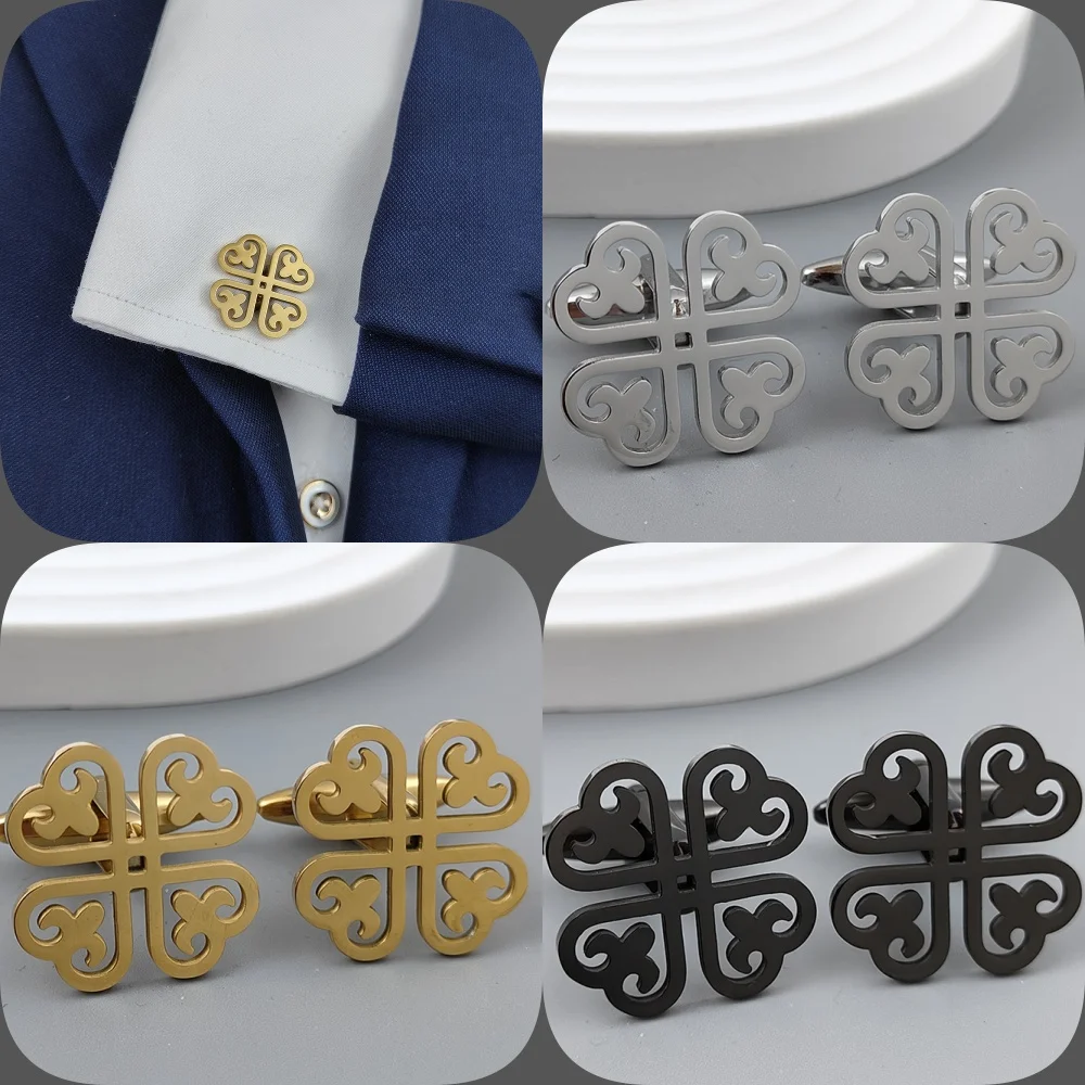 Four-leaf clover hollow gold-plated cufflinks, French shirt cuff accessories, black stainless steel suit, formal match