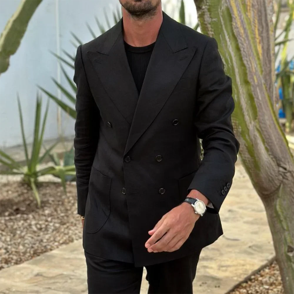 

Chic Solid Black Men Suits 2 Piece Fashion Peak Lapel Double Breasted Outfits Formal Smart Casual Prom Wedding Groom Tuxedo