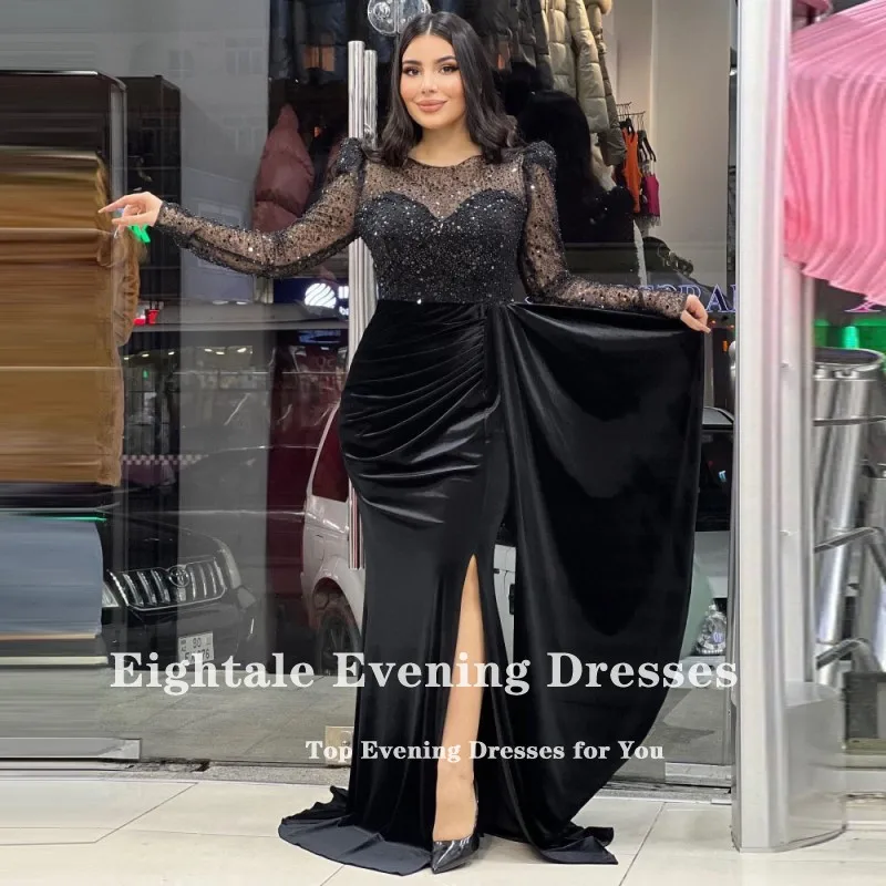 Eightale Luxury Evening Dress Saudi Arabic Long Sleeves Velvet Sequin Formal Mermaid Wedding Prom Gown Hochzeits Kleid