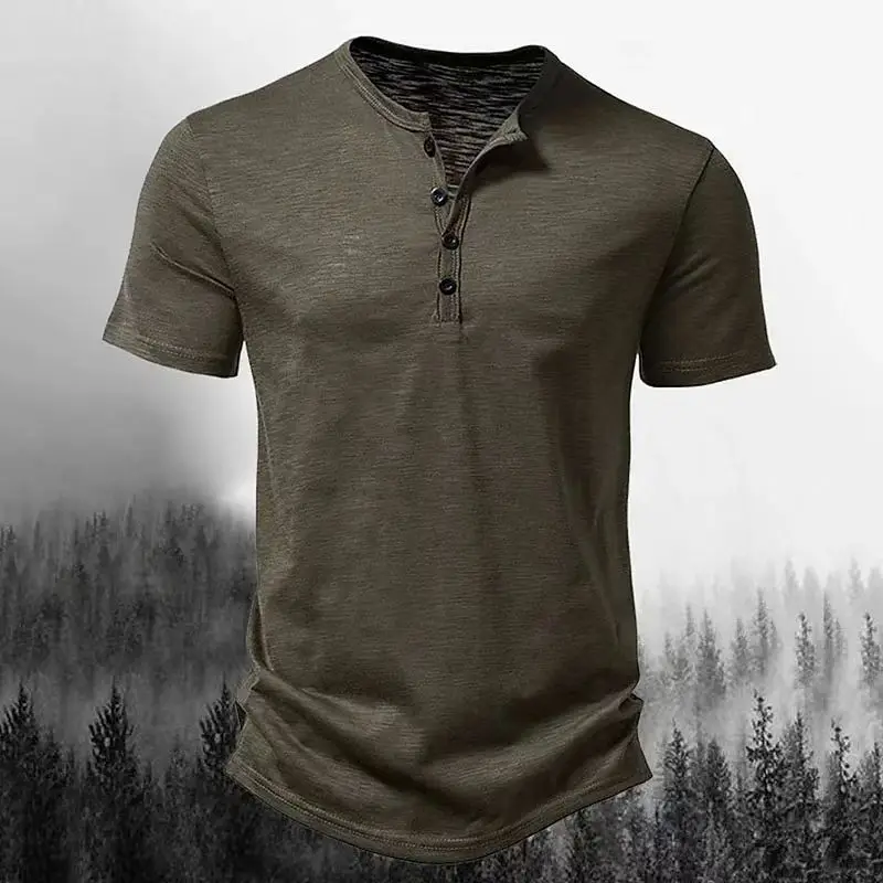 New Henley Collar Summer Men Casual Solid Color Short Sleeve T Shirt for Men Polo men High