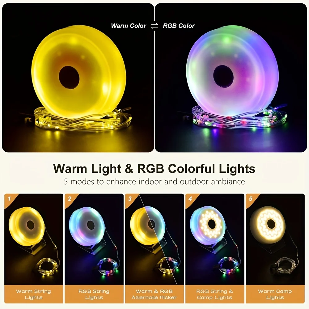 Solar Camping String Lights LED Multi-Color & Warm White Lantern USB Solar Charging Portable Tent Lamp for Outdoor Garden Party