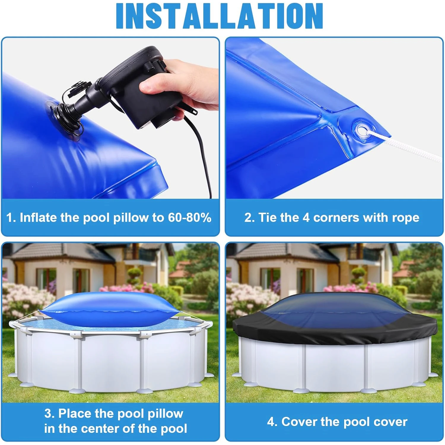 0,4 mm dickes, kältebeständiges aufblasbares Poolkissen, langlebiges Winter-Poolabdeckungszubehör mit 3 m Befestigungsseil für Aufstellpools – Detail 4