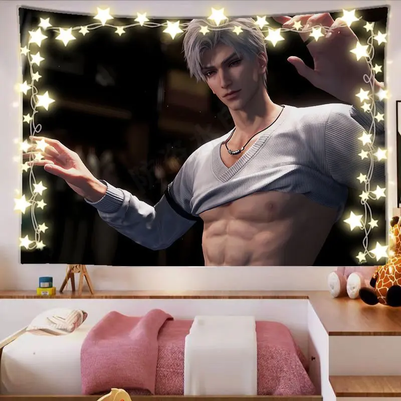 VIKAMA Handsome Anime Guy Tapestry Wall Hanging Silver Hair Sweater Muscular 3D Aesthetic Wall Art Gaming Bedroom Decor