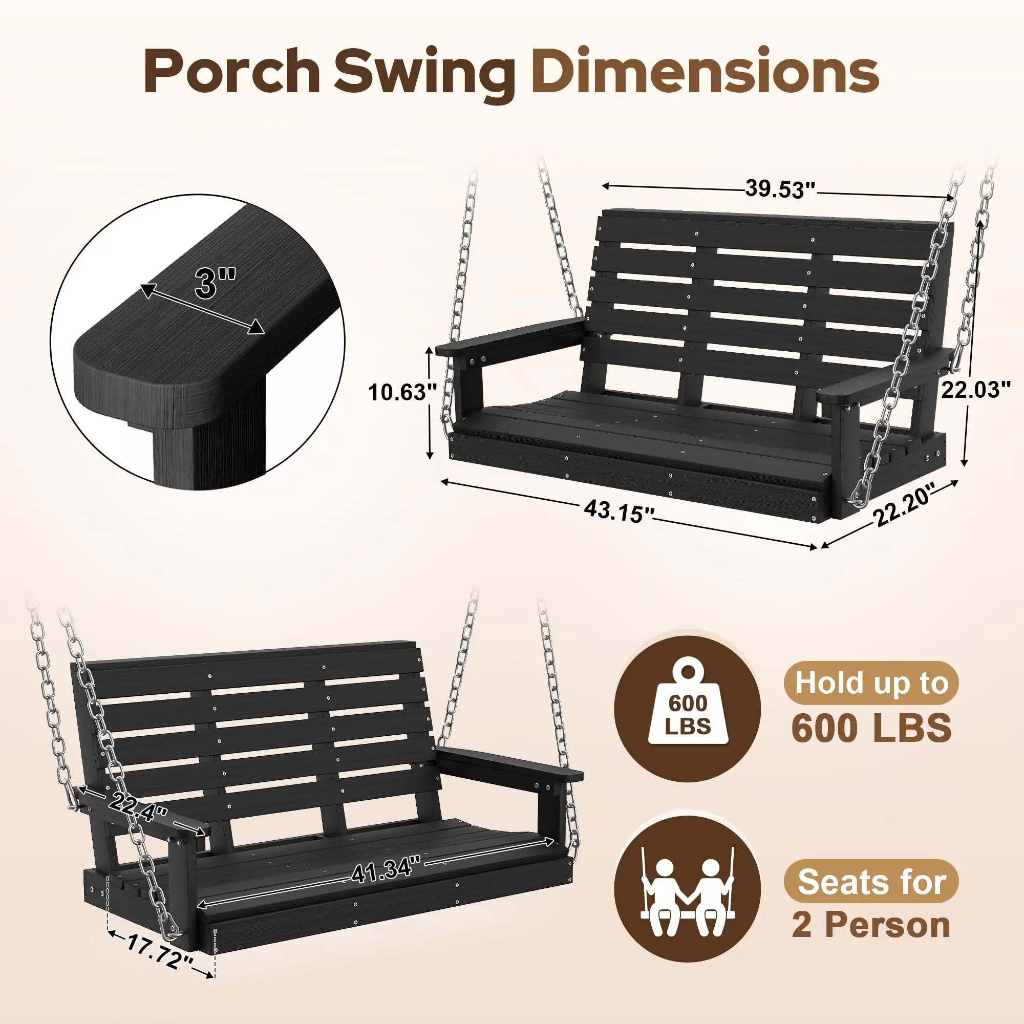 HDPE 4 FT 2-Seat Porch Swing, 660 LBS Outdoor Hanging Swing, Black
