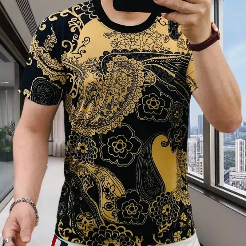 Black Gold Paisley Slim Fit T Shirt Men European Fashionable O-neck Digital Print Short-sleeve Shirt Social Club Outfits Tshirt