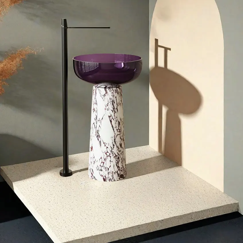 

Китайский мраморный фиолетовый прозрачный колонный умывальник из смолы в стиле ретро, роскошный и романтический напольный круглый умывальник YX384FH
