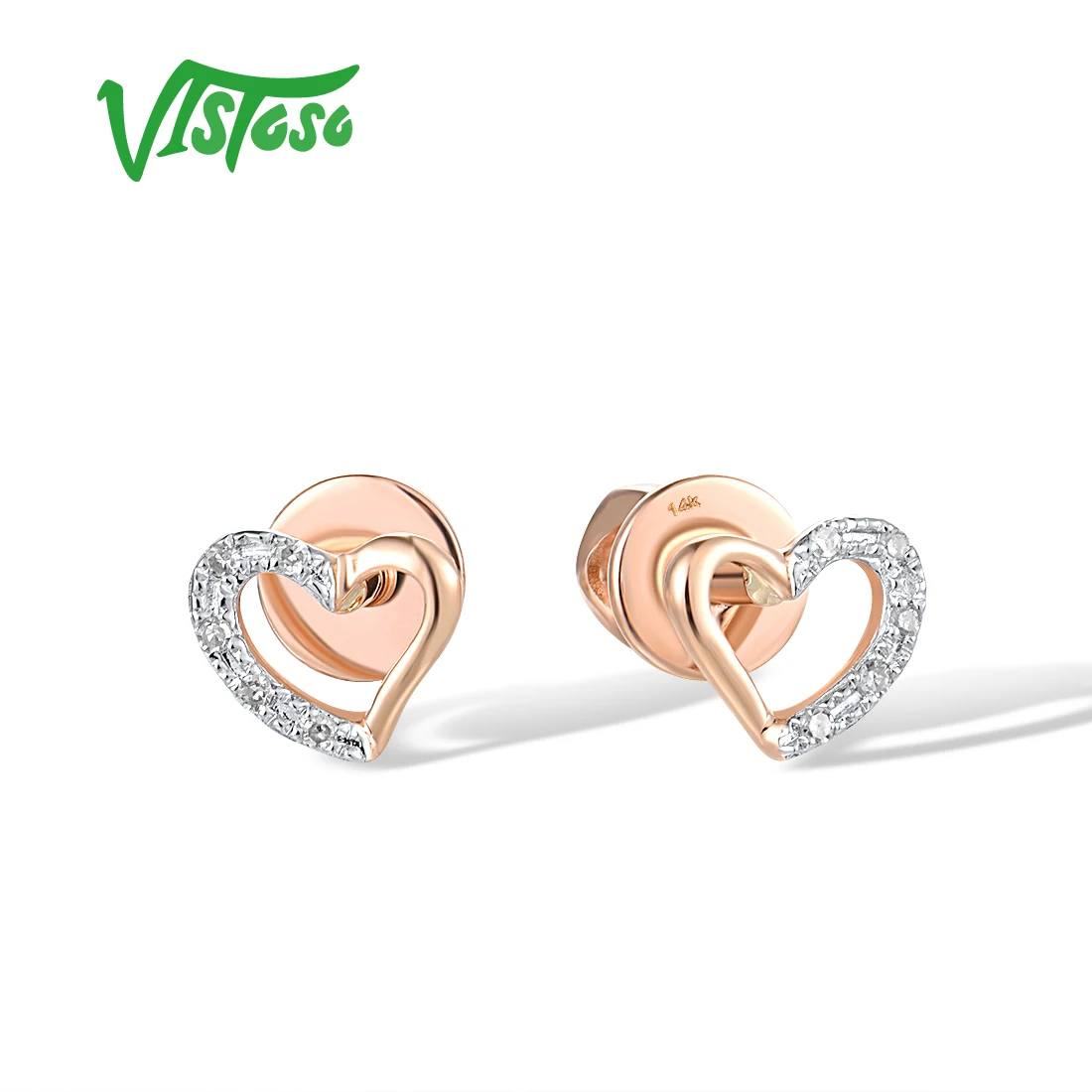 VISTOSO Pure 14K 585 Rose Gold Stud Earrings For Women Sparkling Diamonds lovely Heart Wedding Anniversary Delicate Fine Jewelry