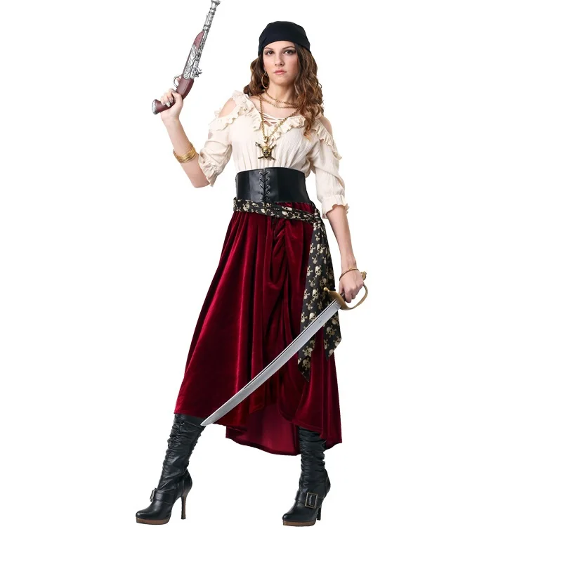 

Women Pirate Captain Sailor Costume Irregular Top Role Play High Quality Party Outfit Gothic Medieval Halloween Masquerade Dress