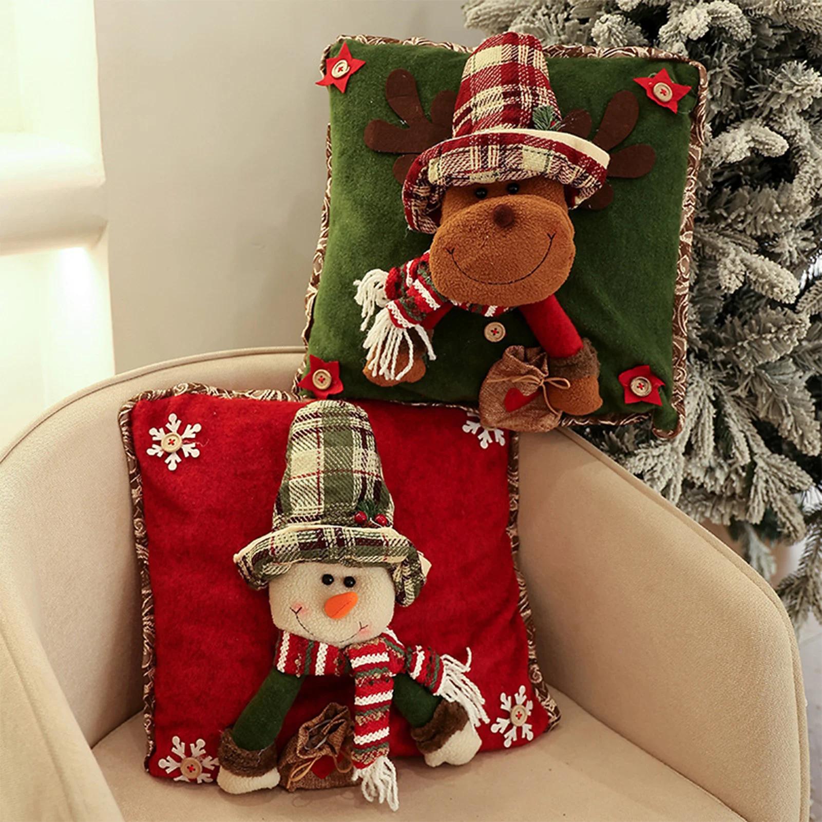 Christmas 3D Cushion Cover Snowman Santa Elk Pattern Pillowcase Sofa Cushion Covers for Home 2025 New Year Christmas Decorations