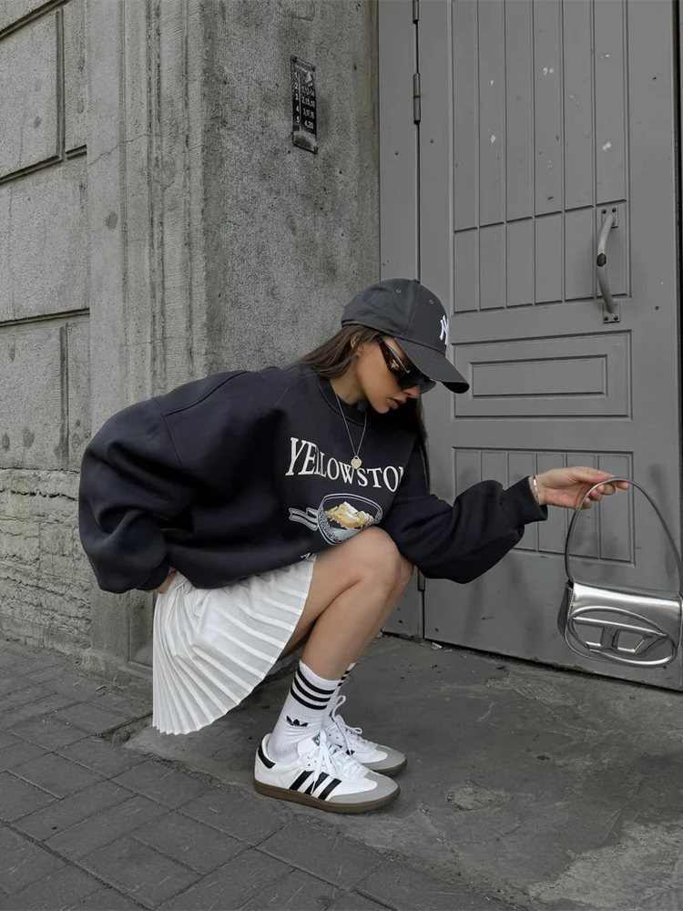Sweat-shirt rétro américain doublé avec lettres imprimées pour femme, haut Simple et décontracté pour l'automne et l'hiver, nouvelle collection