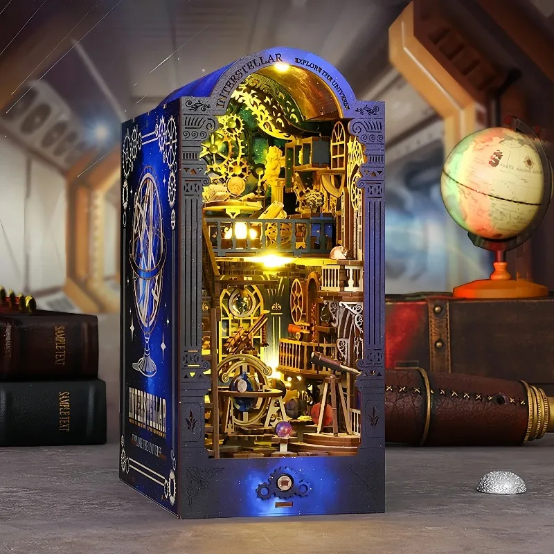 DIY Book Nook Shelf Insert Kit Interstellar Exploration Bookend Miniature Dollhouse 3D Puzzle Assembly Model for Adults Gifts