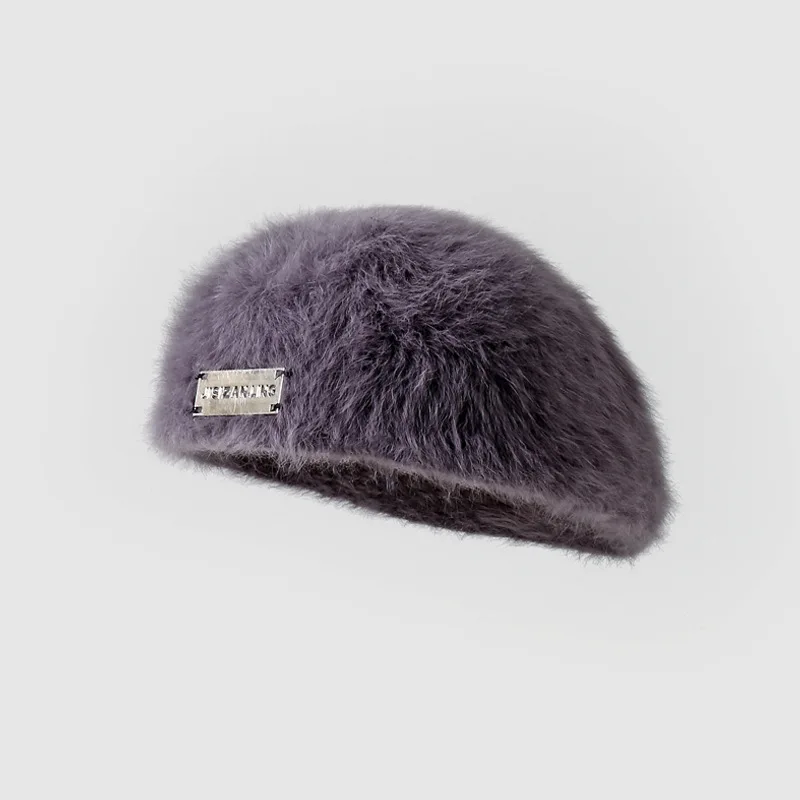Winter Rabbit Fur Beret Hat Women Reversible Beanie Unisex Slouchy Newsboy Cap Solid Color Painter Knit for Cold Weather​