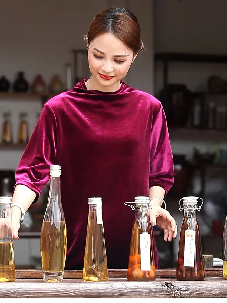 

Fashion Casual Spring & Autumn Vintage half Turtleneck Velvet shirts Half Sleeve velour T-shirt Slim Ropa Mujer plus size