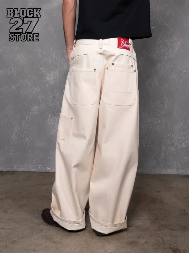 Mens Cargo Pants American Vintage Multi Pocket Trousers Harajuku Unisex Loose Fit Wide Leg Straight Cotton Khaki Streetwear New