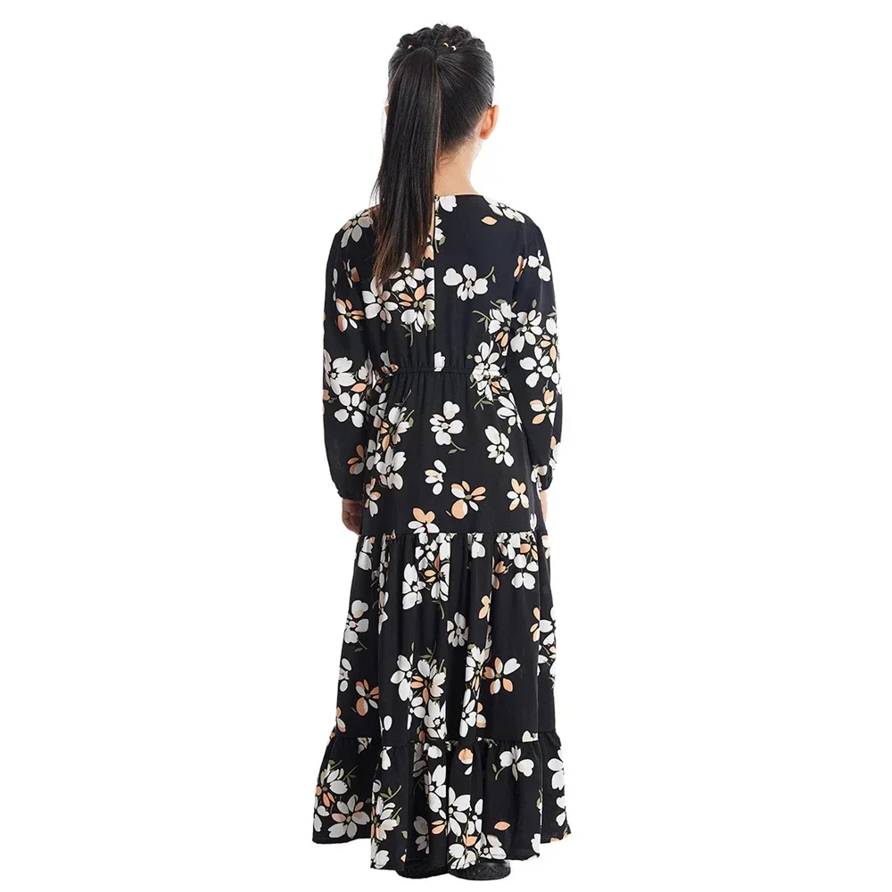 Arabskie Vestidos dzieci dziewczyny Abaya dubaj Kaftan długa, maksi sukienka muzułmańska turecka dziecięca odzież islamska kwiatowy Print kaftan szata