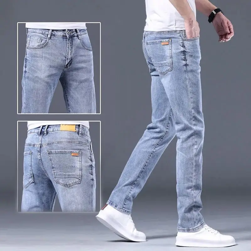 Jeans Denim ramping pria, pakaian mewah kelas atas untuk pria musim gugur 2024 baru Skinny Korea Solid biru muda celana Golf Streetwear