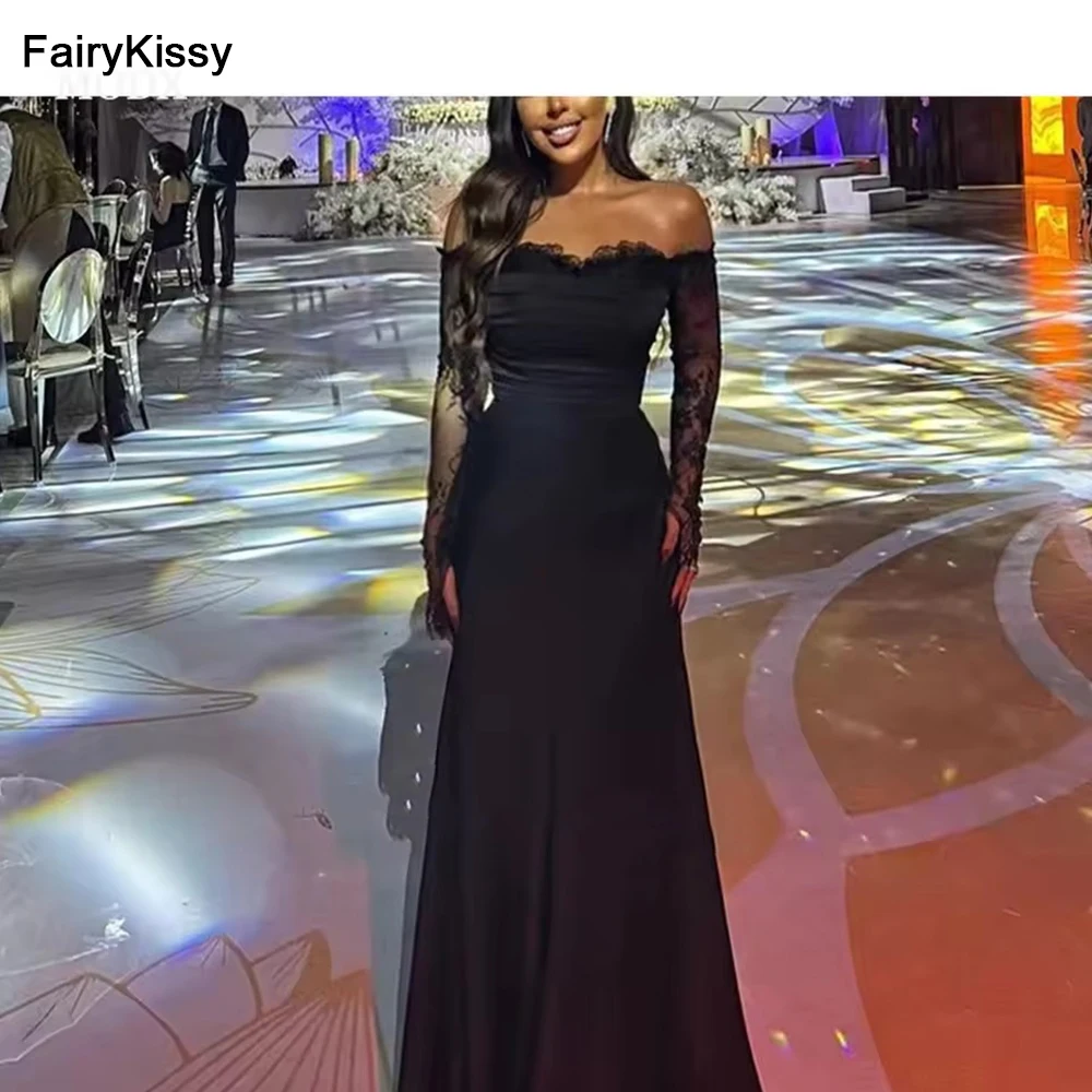 

FairyKissy Black Evening Dresses Dubai Arabic Women Lace Long Sleeves Off Shoulder Prom Gowns Customized Formal Party Dresses