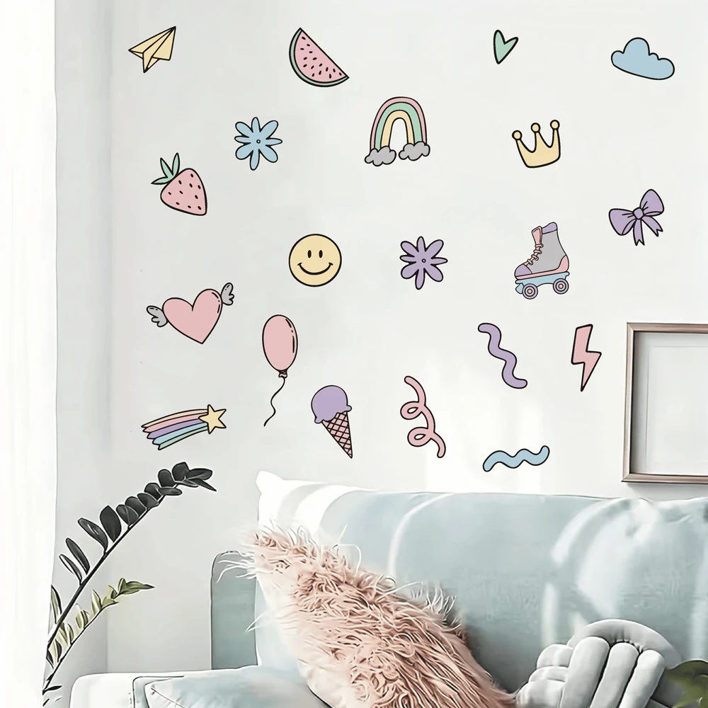 Colorful Stars and Doodles Fabric Wall Stickers Skates Rainbows Hearts Wall Decals Bedroom Bathroom Living Room Home Wall Decor view 2