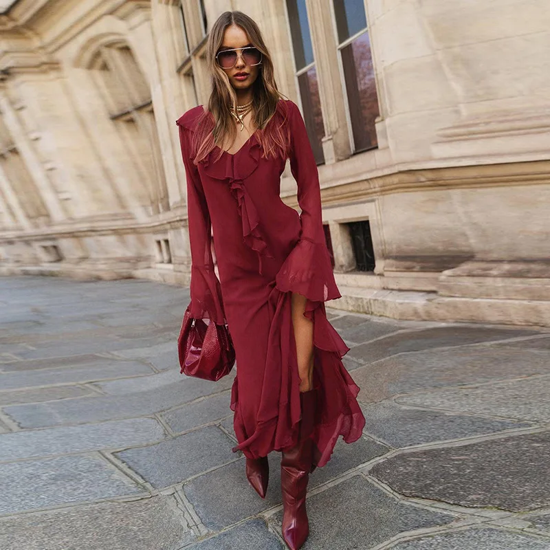 

Ruffle Red Long Dress Lady Party Evening Elegant Dresses 2024 Women Winter Fall Clothes Luxury Sexy Bodycon Maxi Dresses