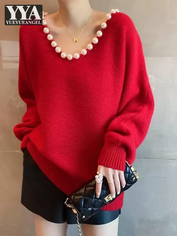 

Women Loose Fit Pearls Beading V Neck Knitted Pullover Jumpers Autumn Casual Streetwear Sweater Tops Long Sleeve Red Knitwear