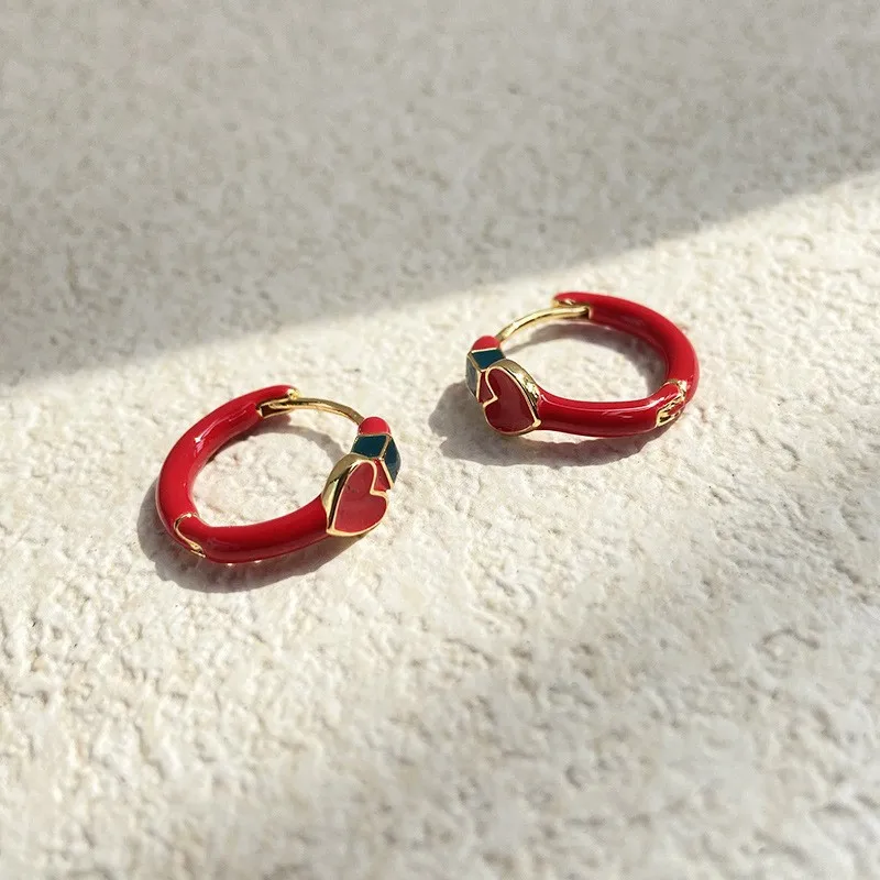 S925 Sterling Silver Stud Earrings Fashionable Color Oil Drop Love Ear Buckles Advanced Sense Simple And Versatile Party Wear