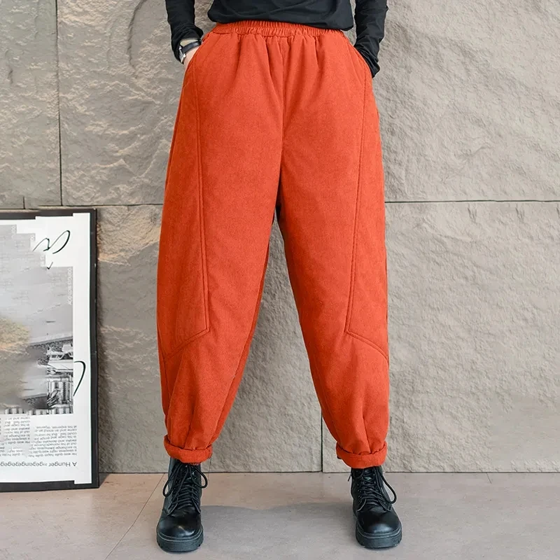 

Зимние модные потертые вельветовые хлопковые брюки для женщин, художественные ретро, полностью хлопковые теплые утолщенные свободные брюки-шаровары женские