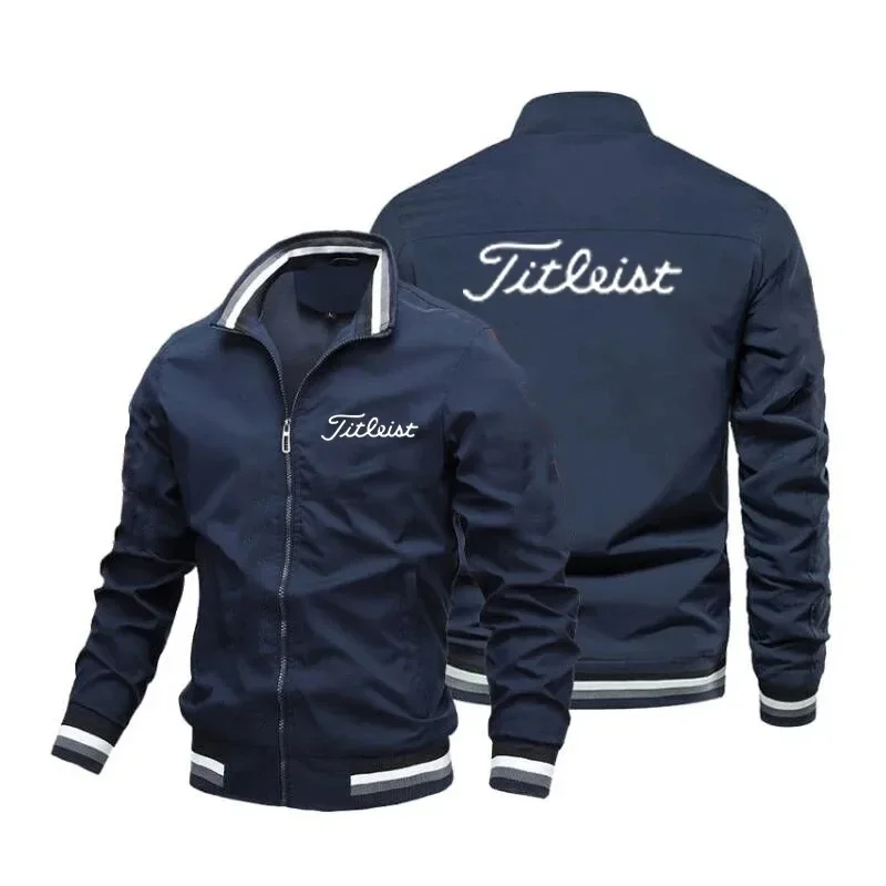 Spring Autumn Mens Striped Rib Trim Zip Up Bomber Lightweight Stand Collar Sports Jacket Fashion Golf Daily Casual Outer Coat