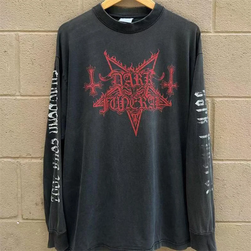 

Y2k Retro Star Letter Print Oversize Long Sleeve T-shirt Men and Women Autumn Loose Street Hip Hop Top Black Men's Clothes