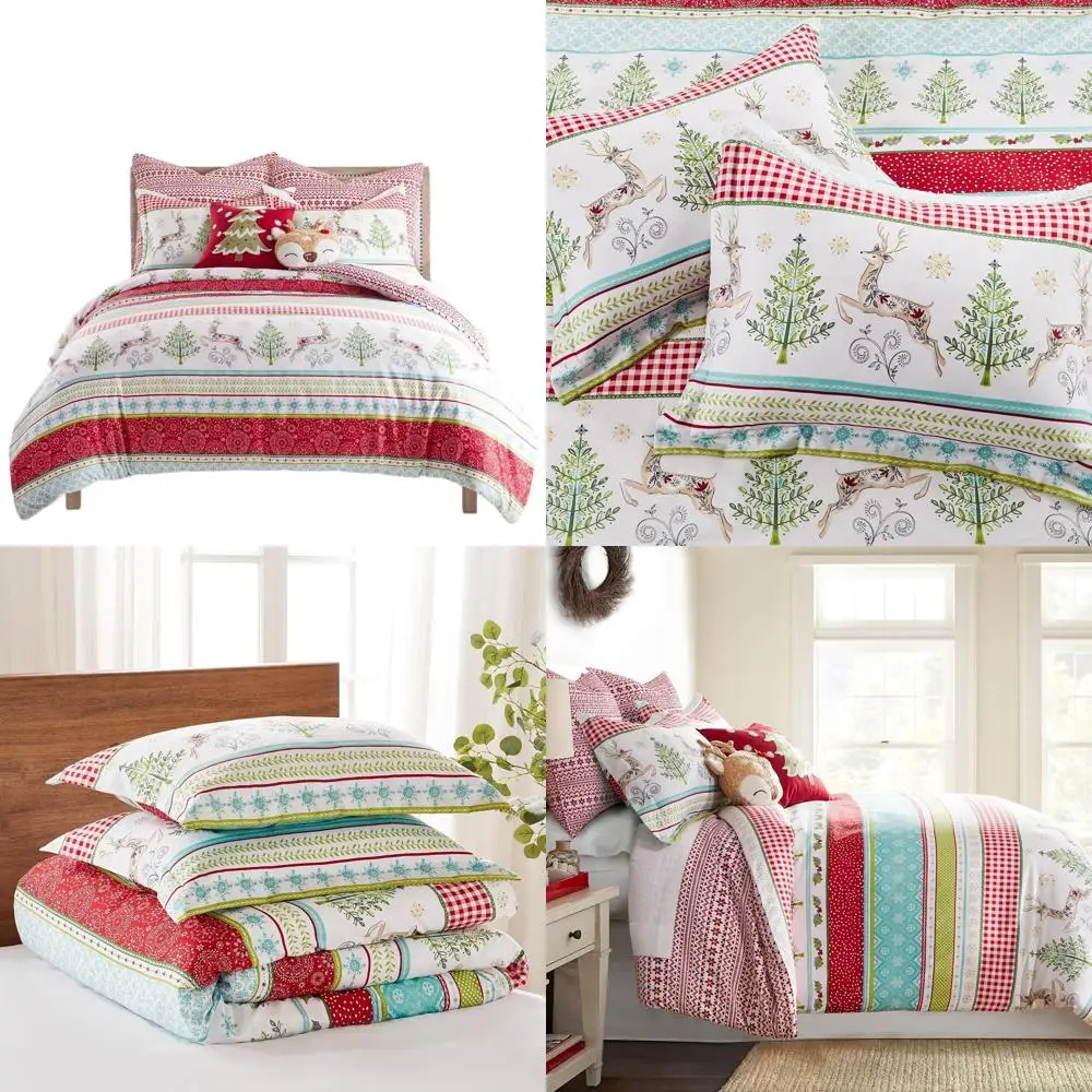 

Comet & Cupid Holiday Duvet Set - Full/Queen Size (90x94in) with 2 Shams (26x20in) - Deer & Christmas Trees in Red, Green, White