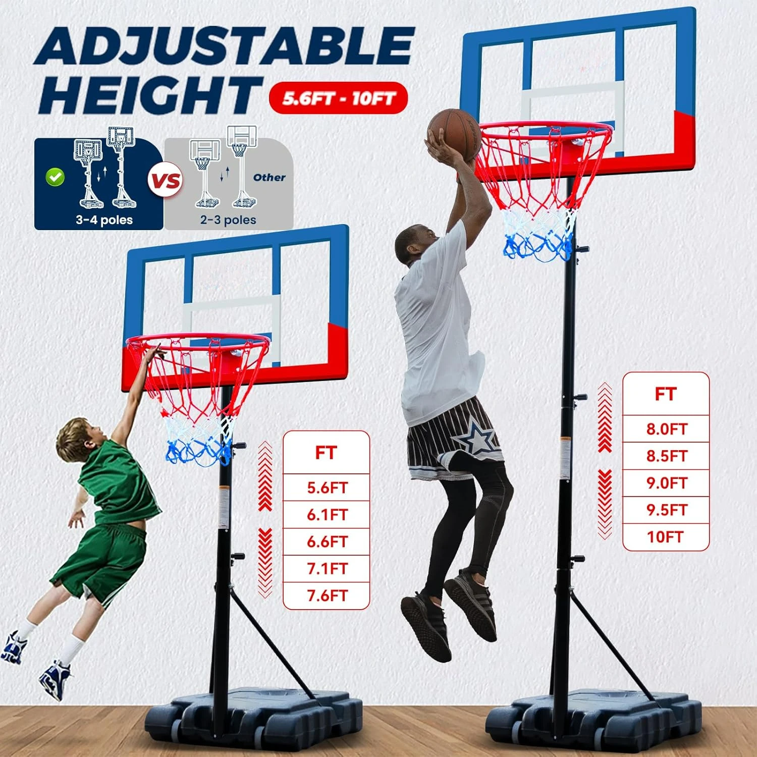 Portable Basketball Hoop, 5.6-10FT Adjustable Basketball Goal System, 44 Inch Outdoor Basketball Hoop & Goals