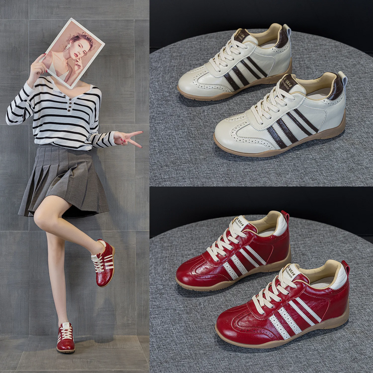 Women Hidden Height Increase Sneaker Genuine Leather Vintage German Trainer Striped Lace-up Casual Walking Platform Shoes