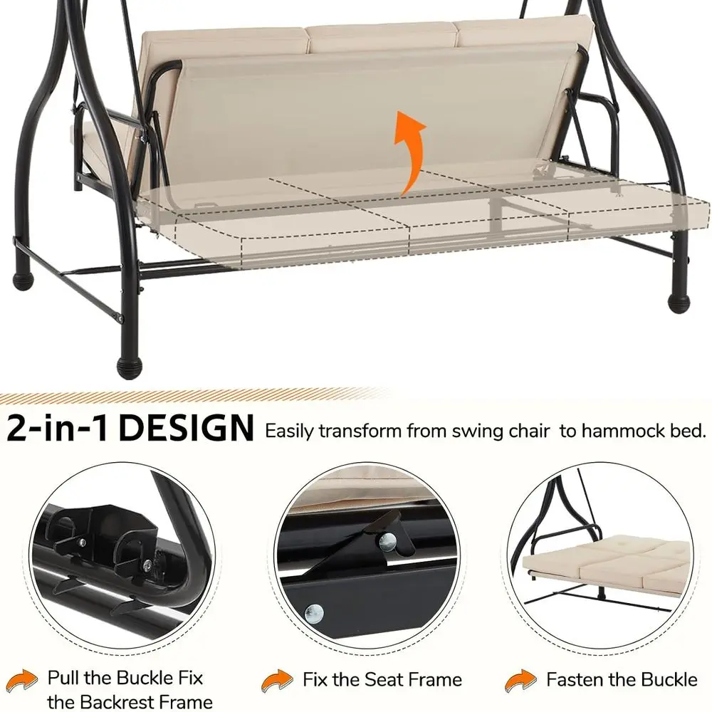 Porch Swing Chair with Adjustable Backrest&, 3 Seat Patio Swing with 2-in-1 Convertible Outdoor Swing with Patio Daybed with Rem