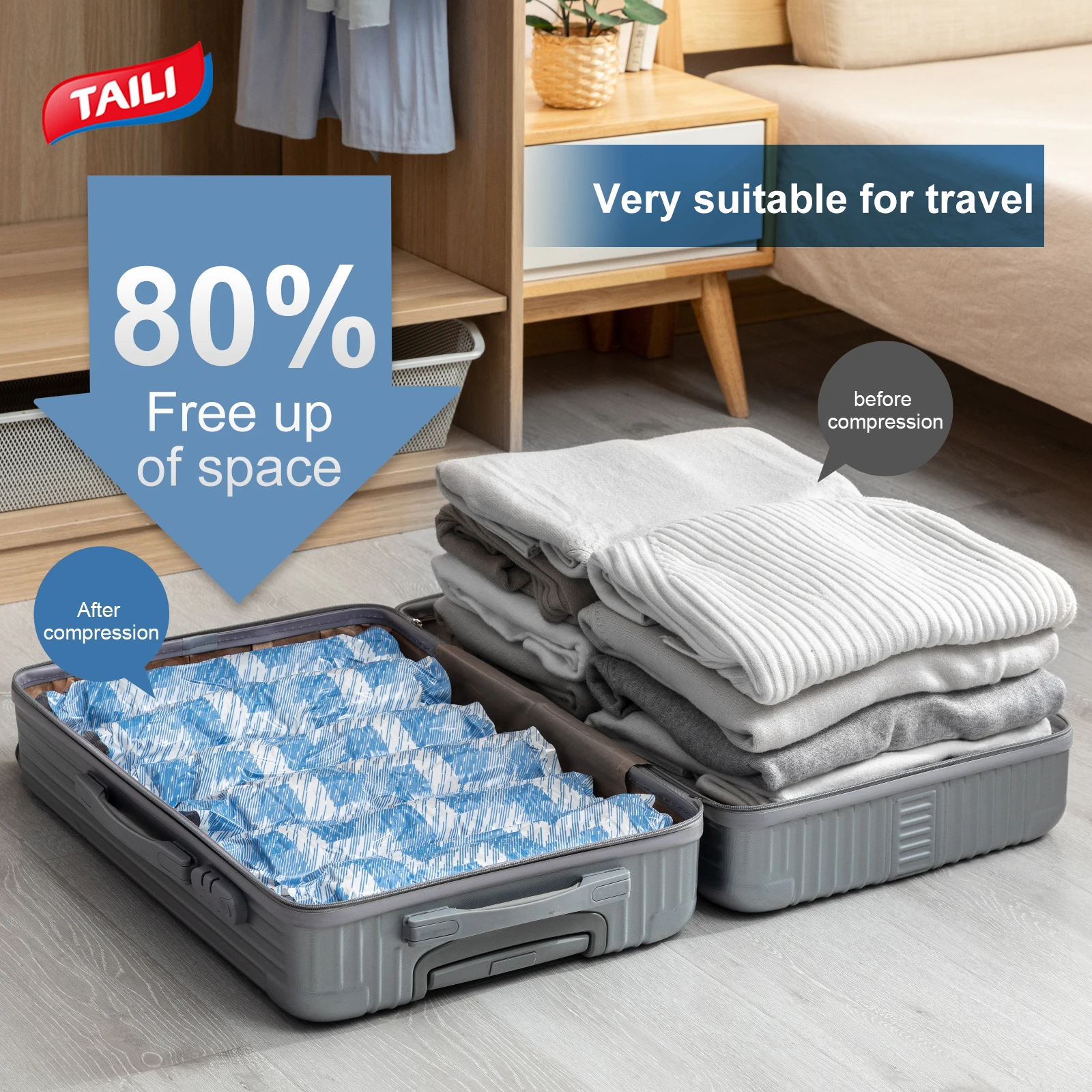 TAILI Travel 10 Stück Roll-Up Space Saver Camping-Taschen, wasserdichte Vakuum-Reisetaschen, Kompressions-Vakuumbeutel für Kleidung, Gepäck