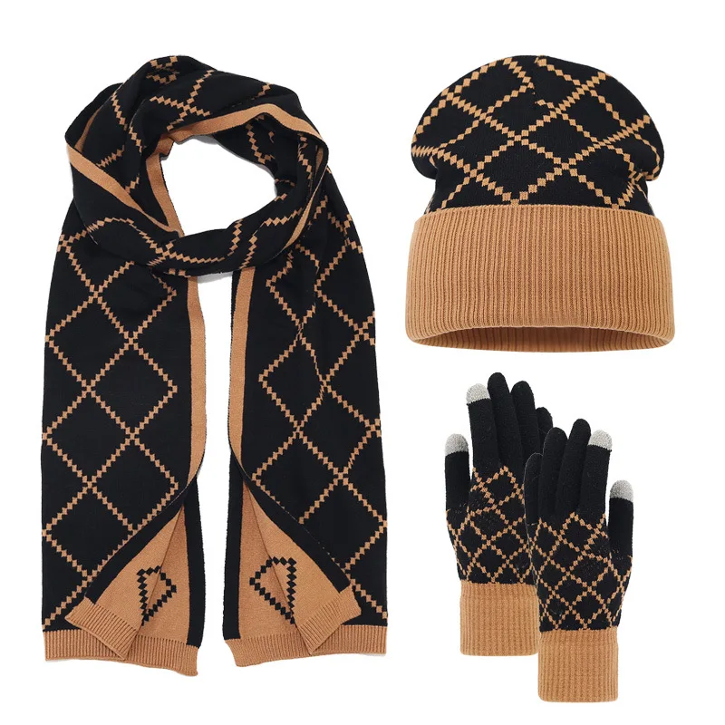 Wool Blend Hat Scarf Gloves 3Pcs Set Autumn Winter Women Knitted Hats Caps Men Outdoor Plaid Wool Neck Warmers Gloves New 2023