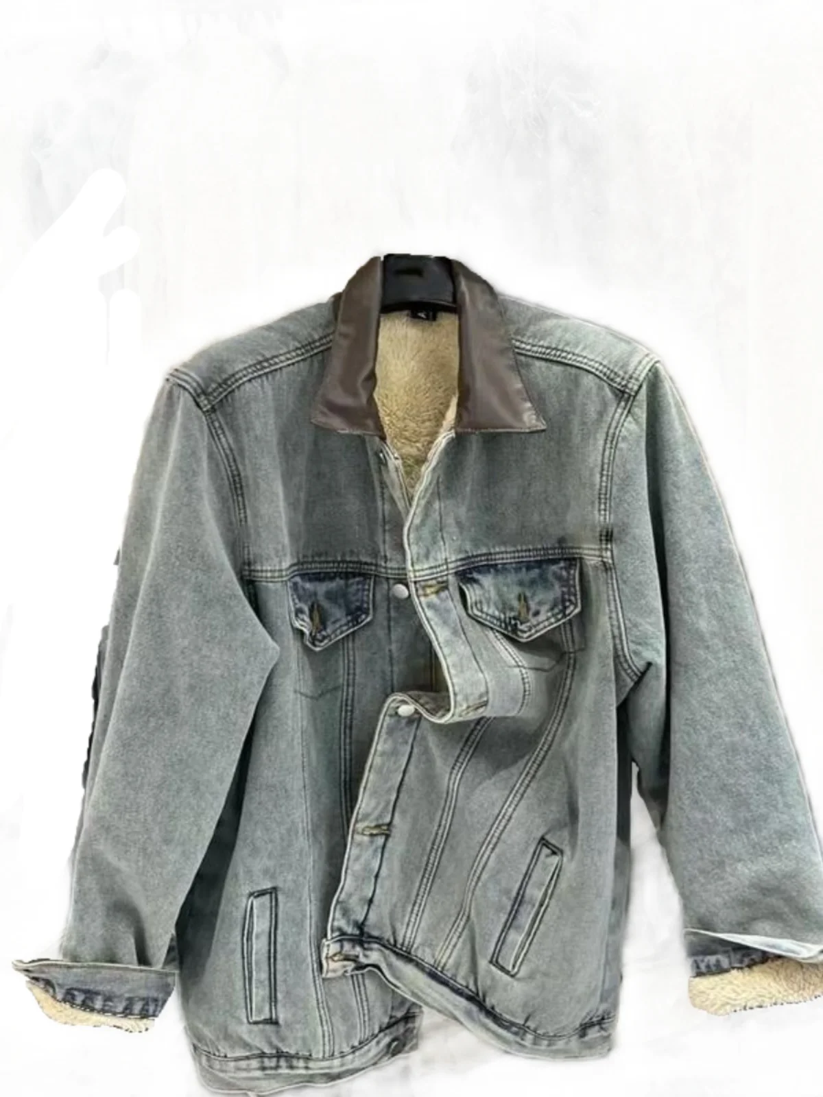 Rétro américain Fce doublé Thiened Denim ort Jaet femmes automne hiver nouveau Design col en cuir PU chaud manteau à la mode