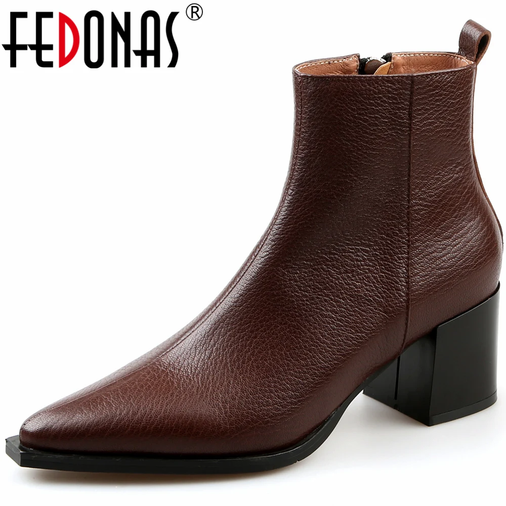 FEDONAS New Women Ankle Boots Autumn Winter Thick High Heels Pointed Toe Mature Office Lady Side Zipper Shoes Woman Retro Style