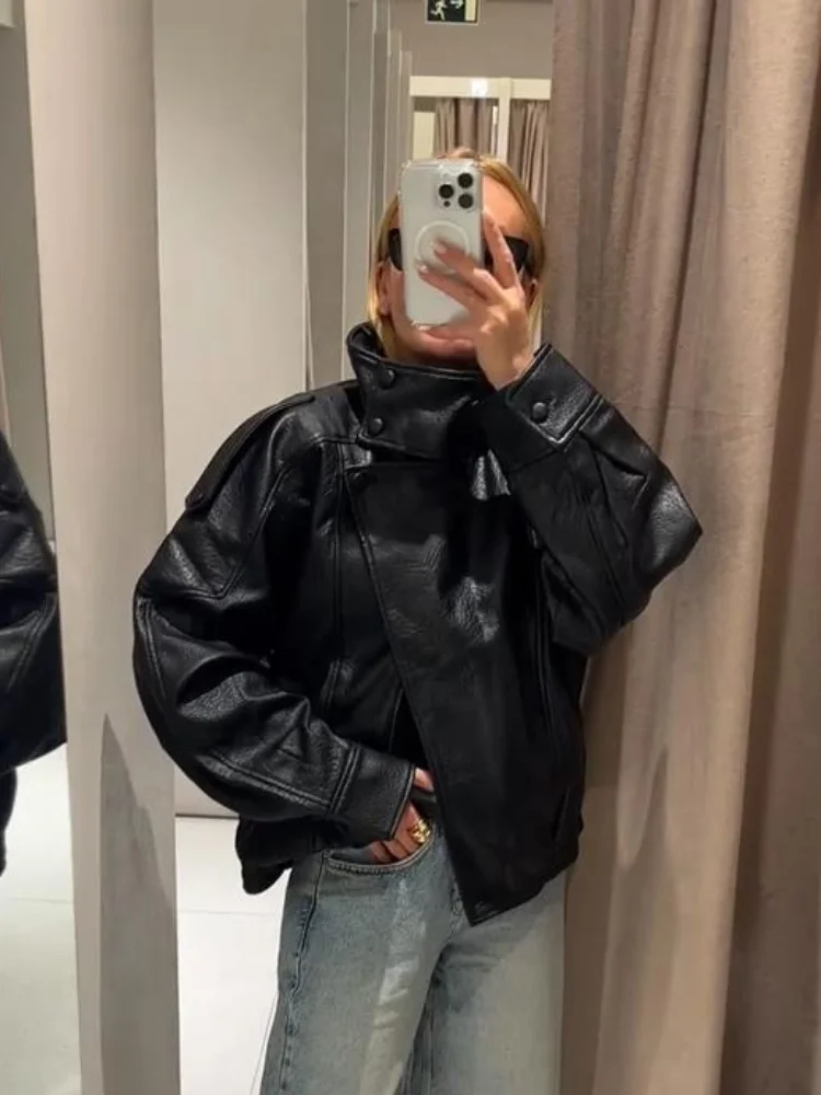 

Street Belt Leather Women's Jacket Full Sleeve Double Breasted Lapel Female Coat 2025 Autumn Fashion Pu Loose Lady Outwear