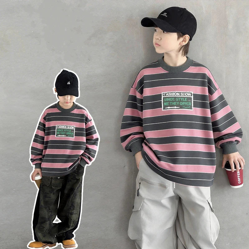 

Spring Autumn Children Pink Striped Cotton Sweatshirt For Boy Pullover Long Sleeve School Costumes Casual Tops Teenager Clothing