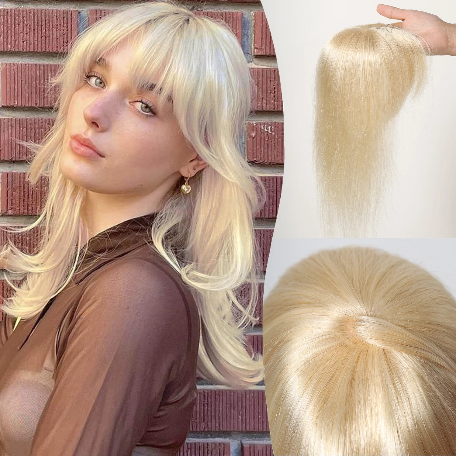 613# Blonde Human Hair Toppers For Women Silk Base Clips In Toppers With Fringe 12 Inch Straight Hair Piece for Thinning Hair