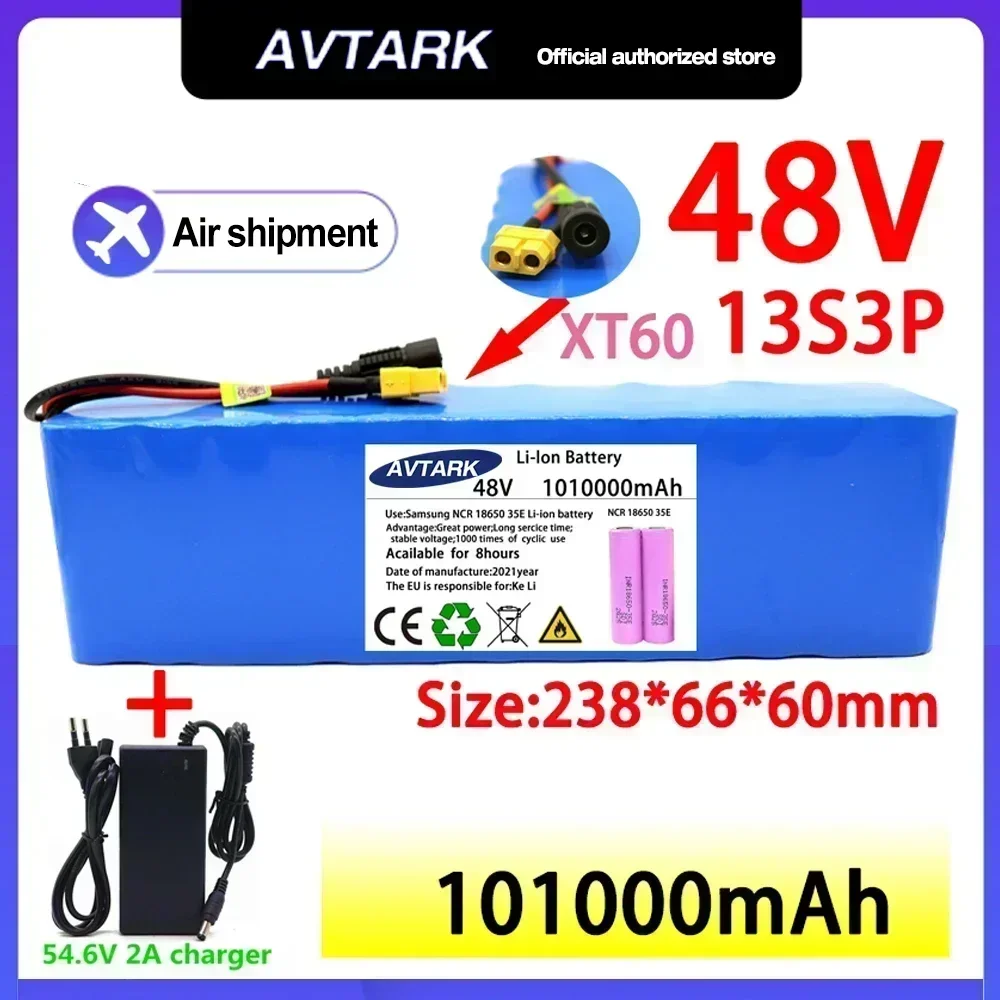 Powerful 48V 101000mAh 1000w 13S3P XT60 101Ah Li-ion Battery for 54.6V Scooter Electric Bike with BMS Charger