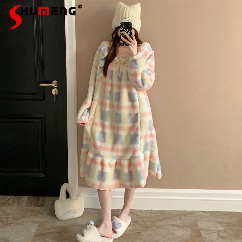 

Autumn Winter New Sweet Pajamas Nightdress for Women Long Plush Plaid Student Loungewear Female Loose Fleece Homewear Set