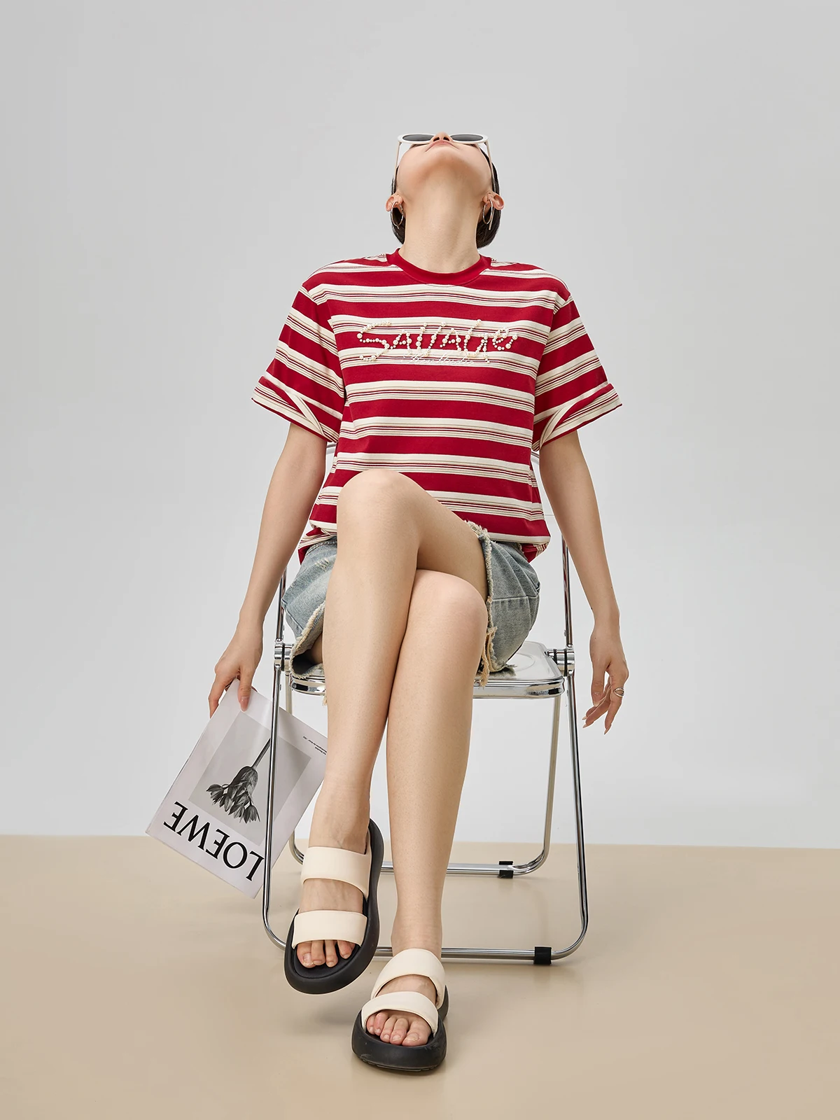 Red Stripe Beaded ort Sve T-irt Summer New Women's Unique Super Beautiful Single Wear Casual Loose Polyester Blend