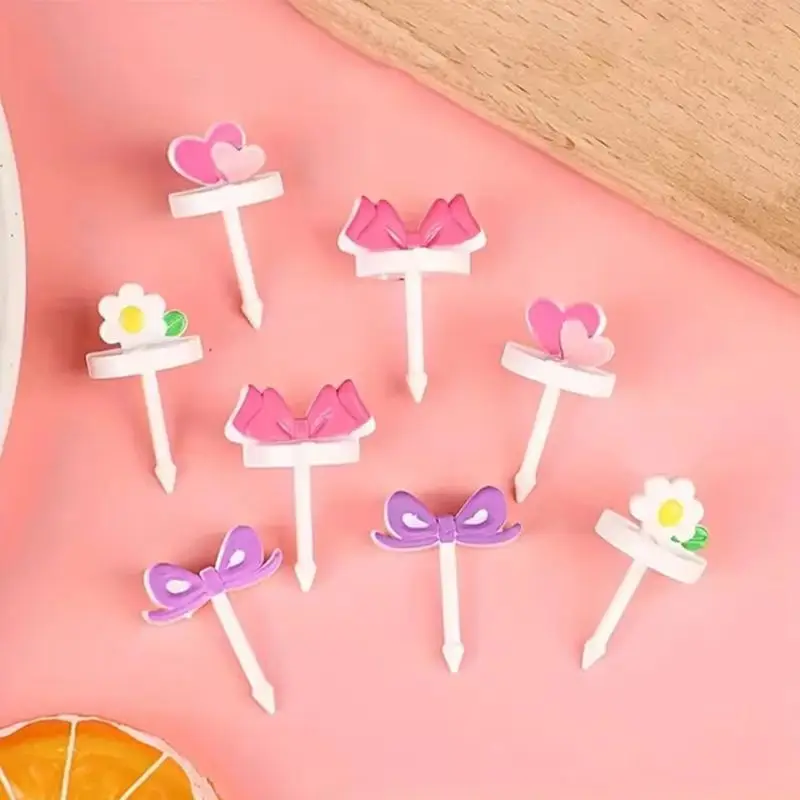 Cartoon Flowers Fruit Forks Love Heart Bow Mini Cupcake Dessert Stick Children Food Picks Toothpick DIY Kids Bento Box Decor