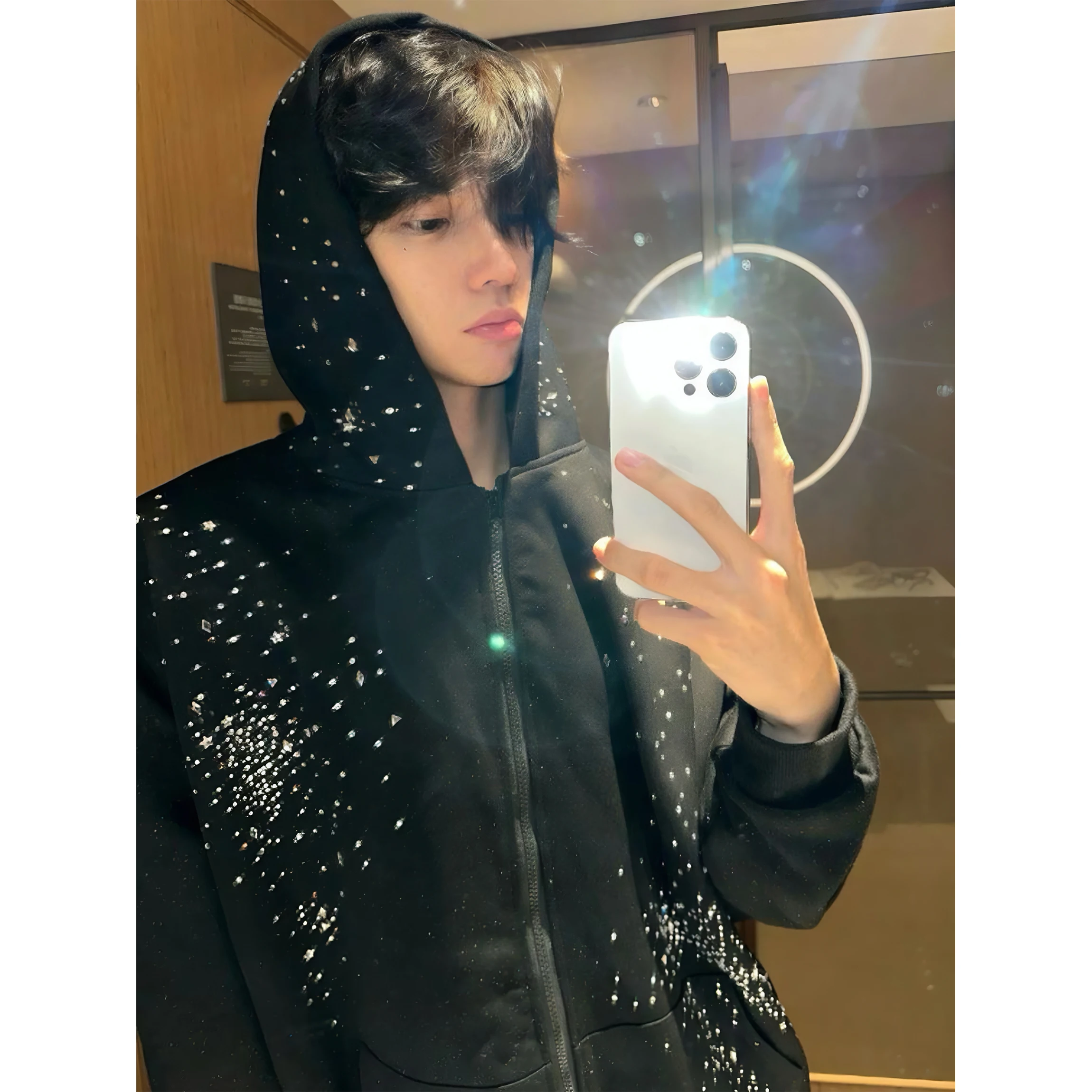 American Retro High Street Starry Sky Rhinestone Hooded Sweatshirt for Women Winter Fleece-Lined Warm Loose  Zipper Jacket