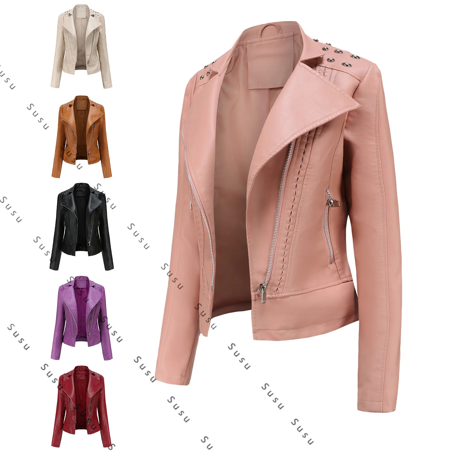 

2025 new European size women's beaded leather jacket women's long-sleeved fashion jacket lapel locomotive clothing thin spring a