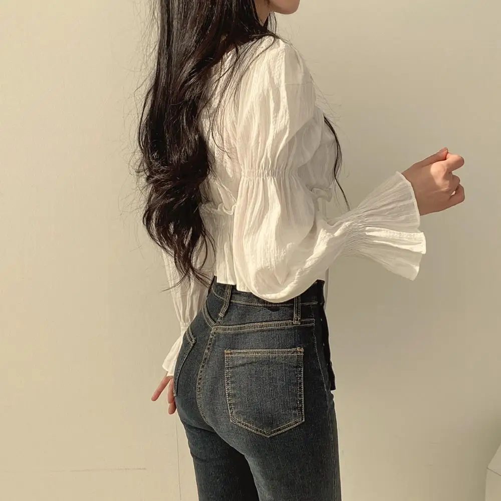 Puff Sleeve Blouses Women Gentle Sweet Spring Office Lady Solid Cropped Slim Vintage O-neck Lace-up French Style Fashion Blusas